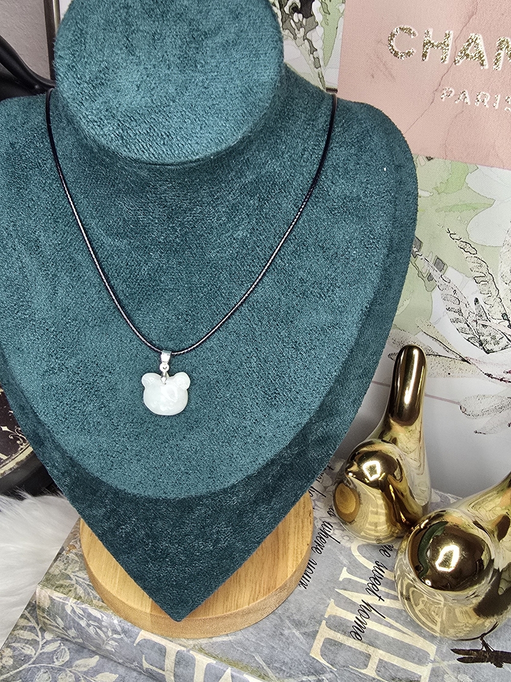 Natural Lavender Jade Bear Pendant Charm Necklace